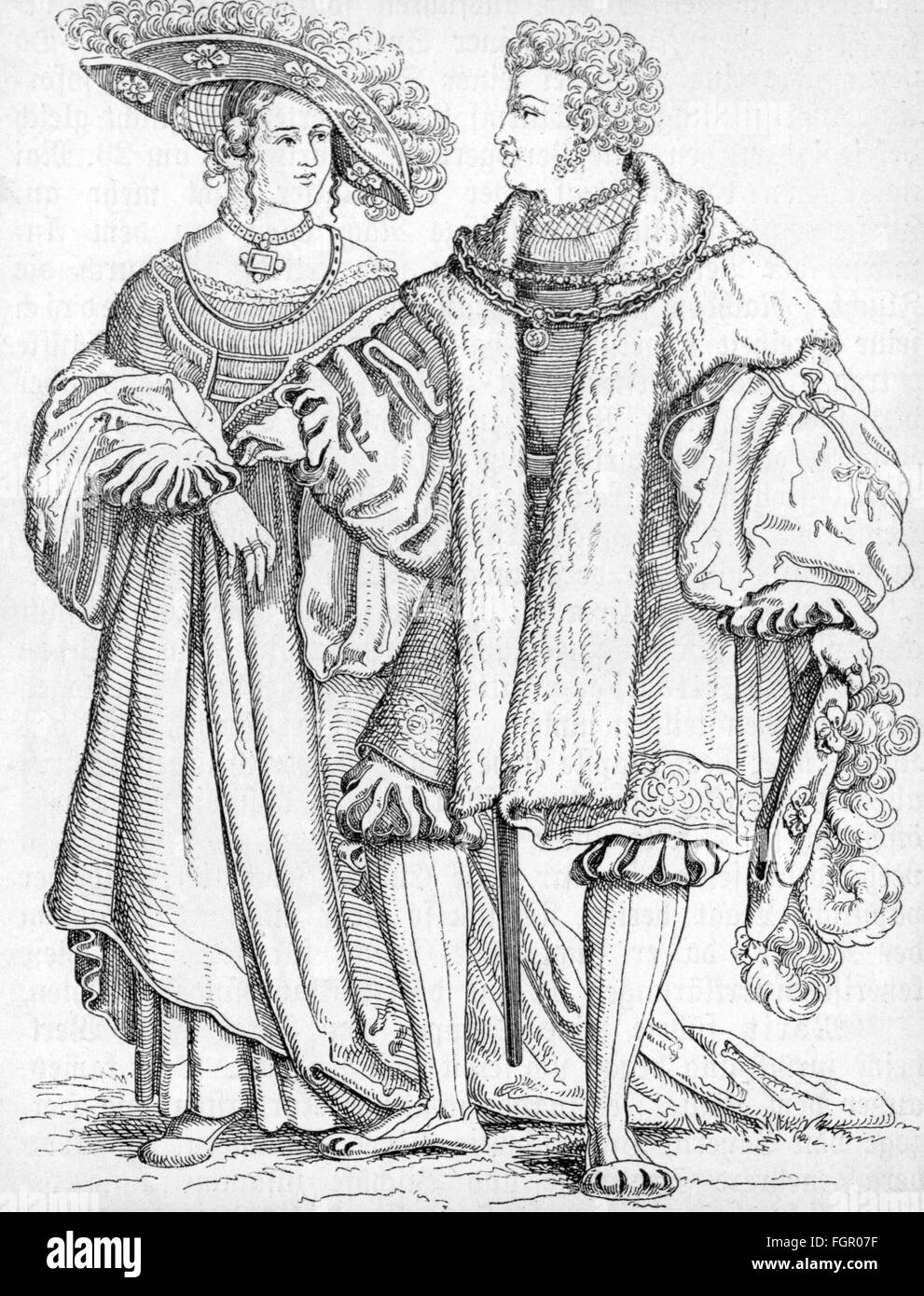 fashion, 16th century, Germany, patricians, woodcut by Hans Schaeufelin, 1520 / 1530, Additional-Rights-Clearences-Not Available Stock Photo