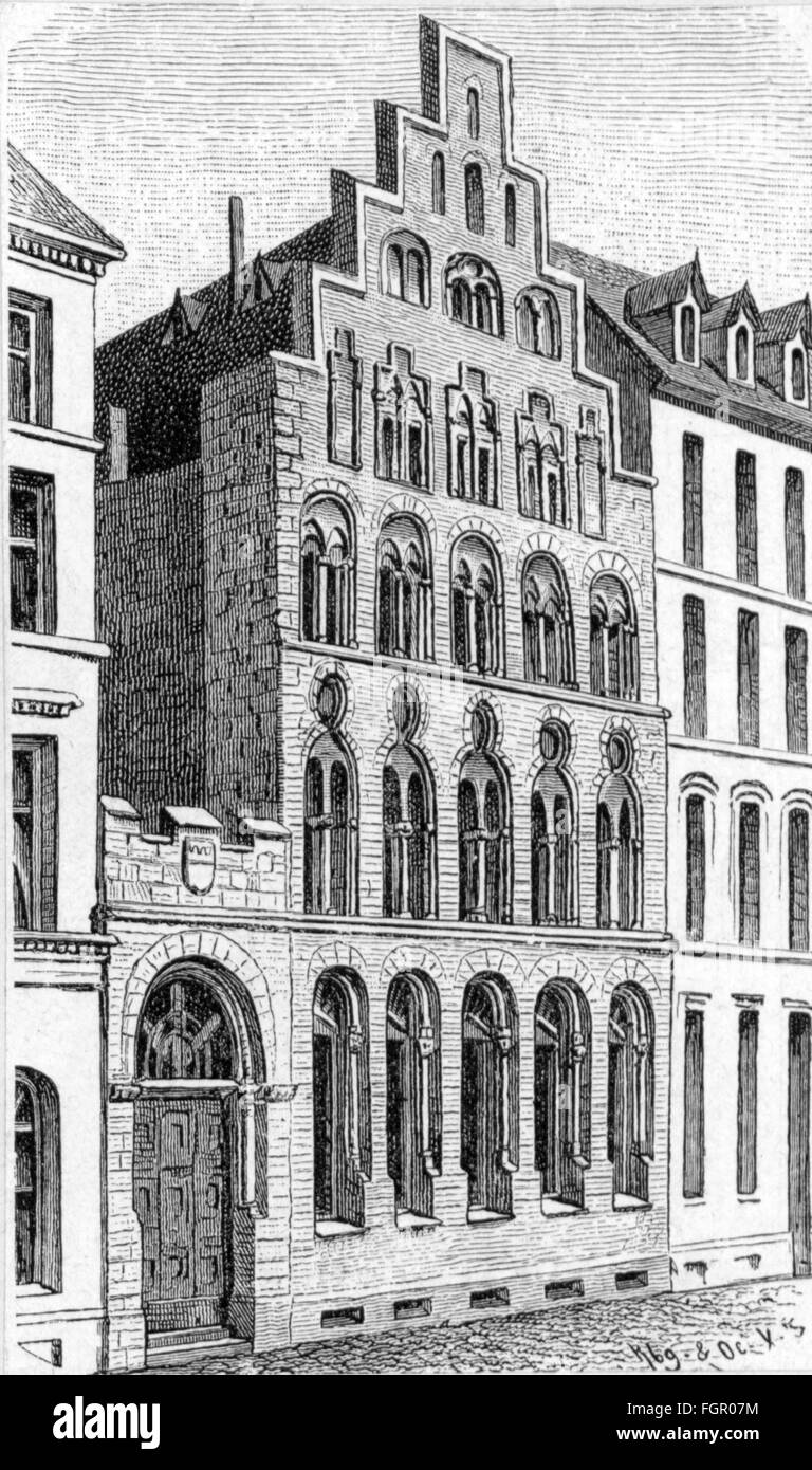 geography / travel, Germany, Cologne, building, Overstolzen House, exterior view, wood engraving, late 19th century, house, houses, family Overstolz, facade, facades, Rheingasse, German Empire, Kingdom of Prussia, Rhine Province, North Rhine-Westphalia, North-Rhine, Rhine, Westphalia, Nordrhein-Westfalen, Nordrhein-Westphalen, Central Europe, historic, historical, men, man, male, Additional-Rights-Clearences-Not Available Stock Photo