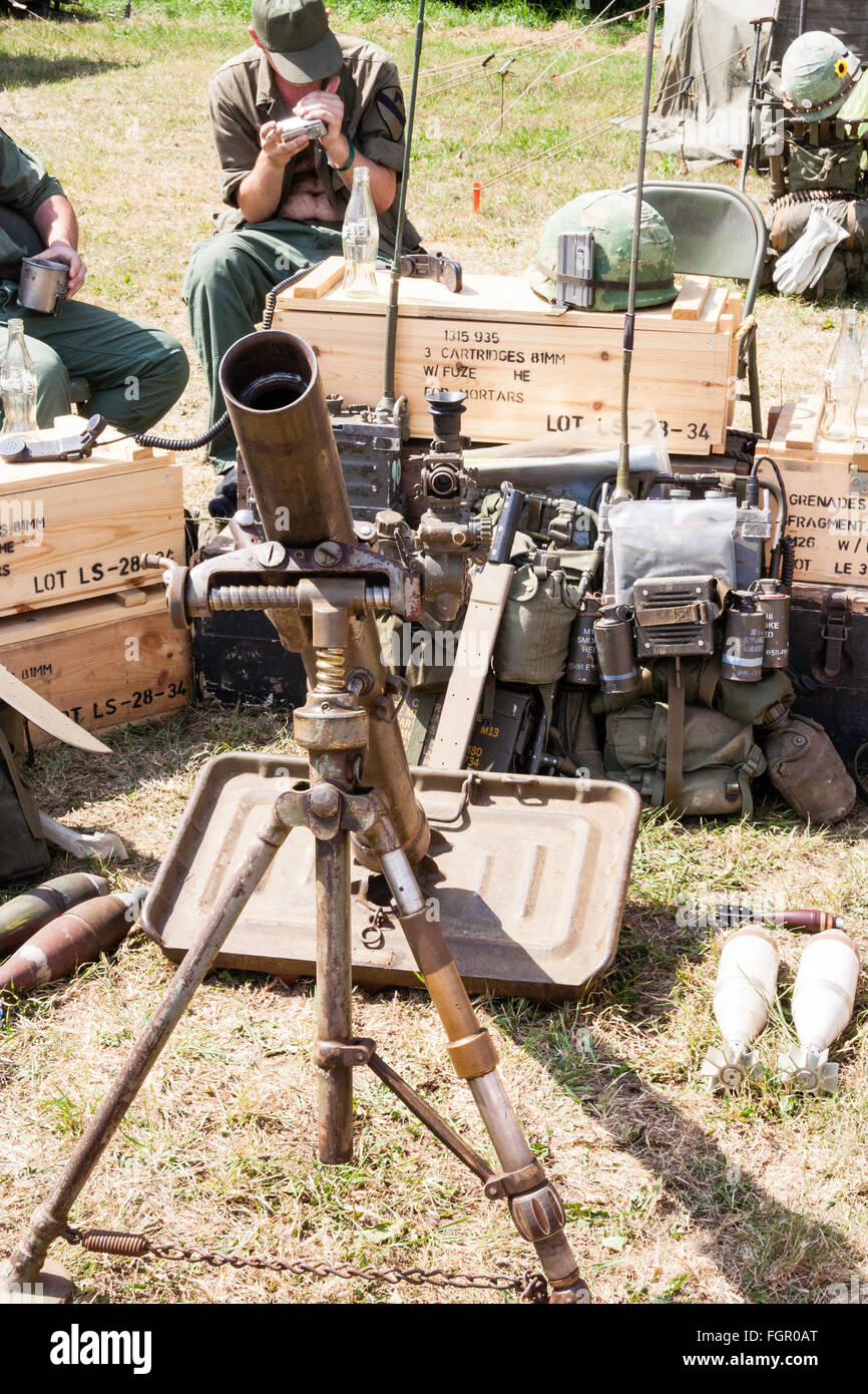 Vietnam war reenactment. American heavy mortar in sandbagged Stock