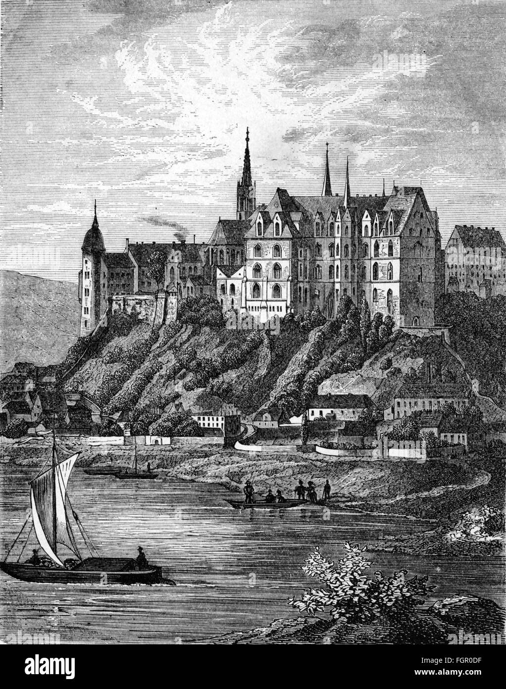 geography / travel, Germany, Meissen, castles, Albrechtsburg, seat of the Meissen porcelain manufacture 1710 - 1863, exterior view, wood engraving, circa 1865, architecture, plant, plants, manufactory, factory, manufactories, factories, porcelain, china, chinaware, hill, hills, rivers, Elbe river, transport, transportation, navigation, boat, boats, industry, industries, Kingdom of Saxony, German Confederation (1815-1866), Germanic Confederation, Central Europe, 19th century, castles, castle, seat, seats, historic, historical, Additional-Rights-Clearences-Not Available Stock Photo