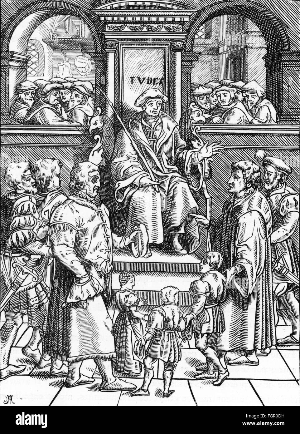 justice, courtroom scenes, hearing about the adoption of children under presidency of the reeve, woodcut, from: Joos de Damhouder (1507 - 1581), 'Le Refuge et garand des pupilles, orphelins', print: J.Bellere, Anvers, 1567, wood engraving, 19th century, Additional-Rights-Clearences-Not Available Stock Photo