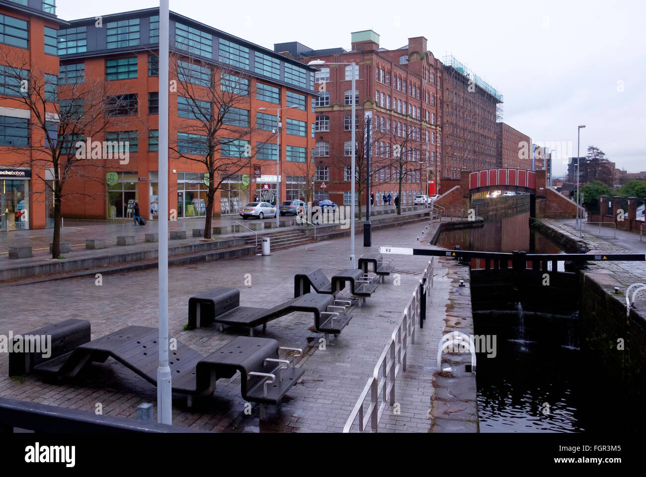 Manchester, UK - 17 February 2016: Rochdale Canal and industrial building heritage on Red Hill Street, central Manchester Stock Photo