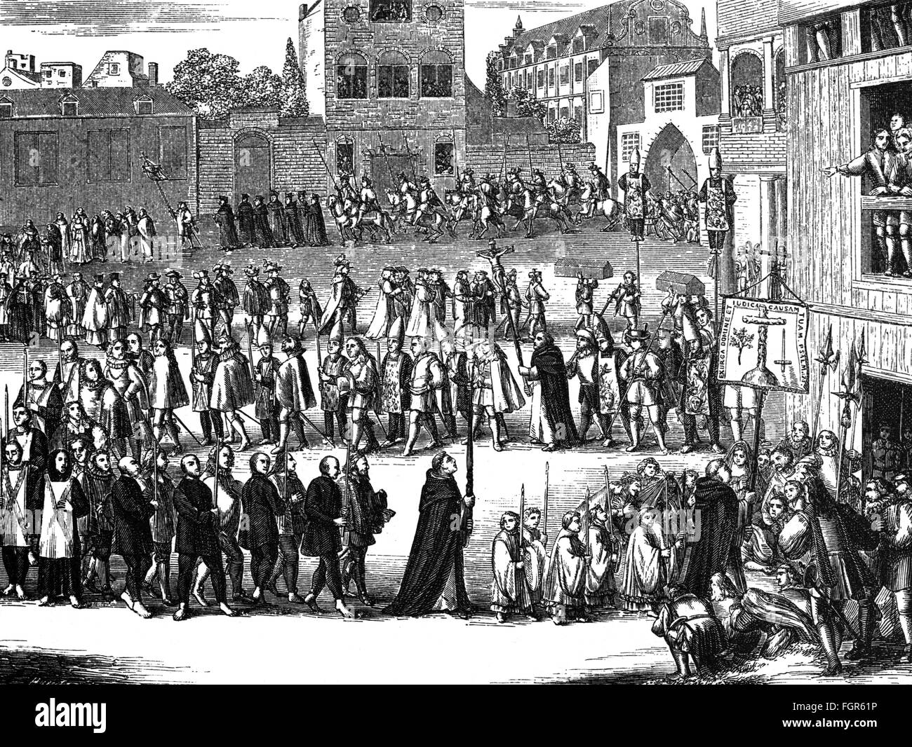justice, inquisition, auto-da-fe, procession of inquisitors and convicts to the church, Spain, after copper engraving, from: Philipp van Limborch (1633 - 1712), 'Historia Inquisitionis', 1692, wood engraving, 19th century, Artist's Copyright has not to be cleared Stock Photo