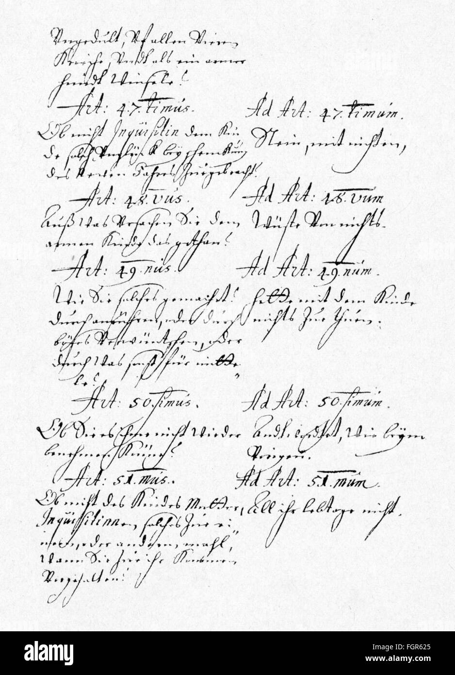 justice, inquisition, excerpt from the protocol of the witch trial against Catharina Schlüter of Bardeleben, court of lay assessors, Magdeburg, 26.2.1659, Additional-Rights-Clearences-Not Available Stock Photo