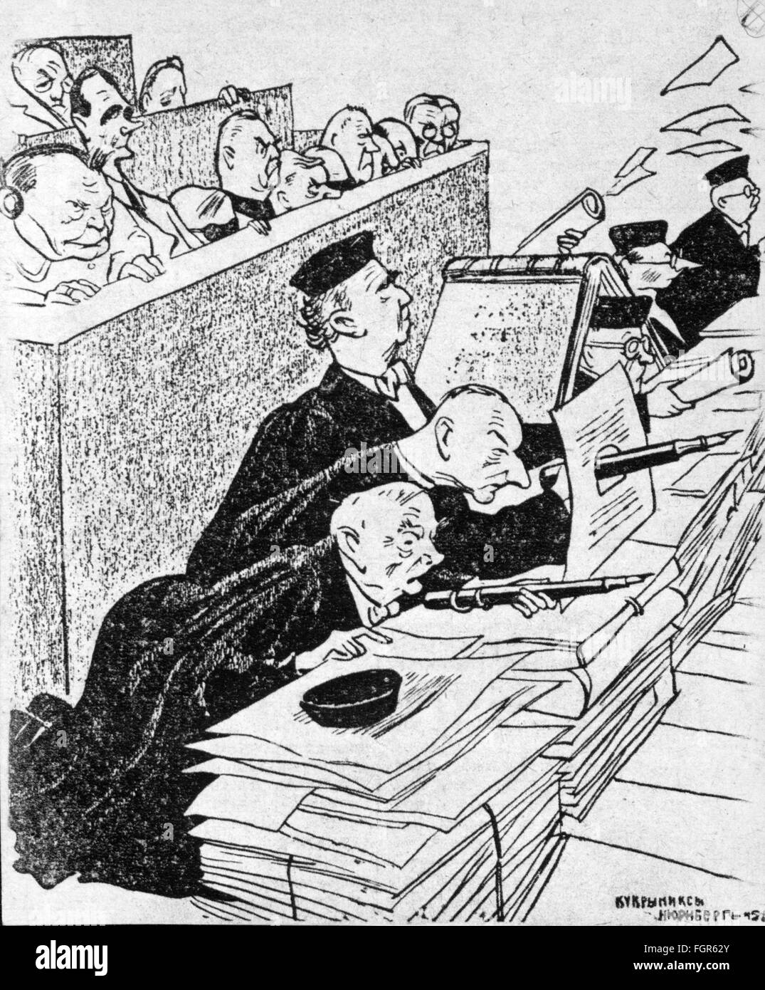 justice, lawsuits, Nuremberg Trials, trial against the major war criminals, "The last defense position", drawing by Kukryniksy, Nuremberg, 1945, Additional-Rights-Clearences-Not Available Stock Photo