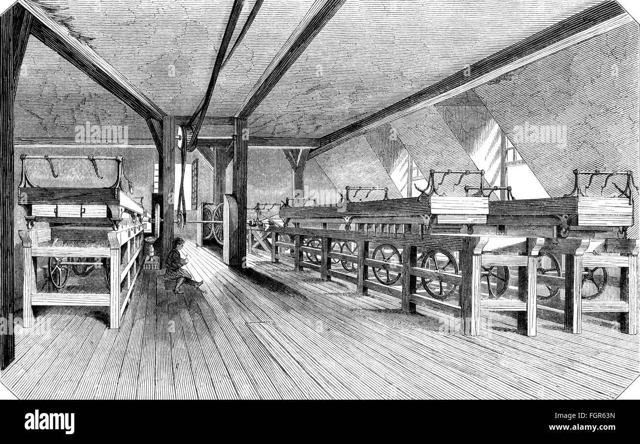 industry, tools, needles, production, polishing hall, wood engraving, 'Magasin pittoresque', Paris, circa 1865, Additional-Rights-Clearences-Not Available Stock Photo