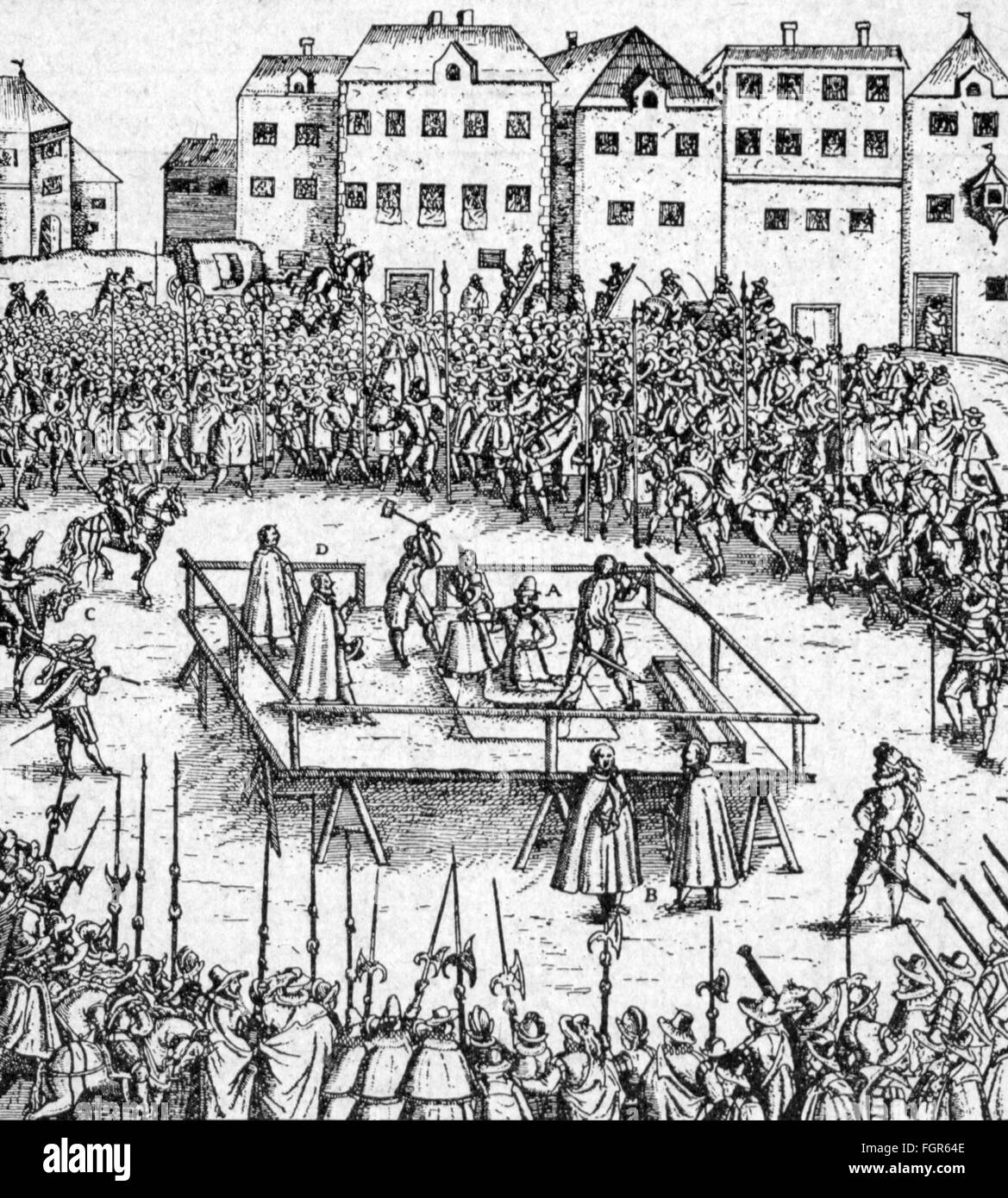 justice, penitentiary system, behead, execution at the marketplace, copper engraving, 16th century, 14th century, graphic, graphics, jurisdiction, penalties, punishment, punishments, death penalty, executioner, executioners, decapitator, decapitators, hangman, hangmen, sword, swords, decapitation, scaffold, scaffolds, viewer, viewers, audience, audiences, marketplace, market-place, square, squares, behead, beheading, execution, executions, historic, historical, crowd, crowds, people, Artist's Copyright has not to be cleared Stock Photo
