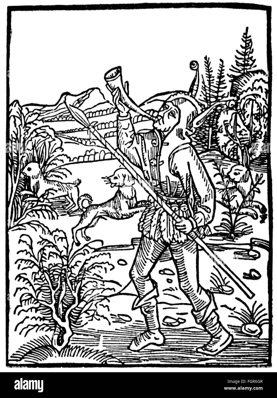 hunt, satire, 'Of Useless Hunting', woodcut, 'Ship of Fools' by Sebastian Brant, Basel, 1494, Additional-Rights-Clearences-Not Available Stock Photo