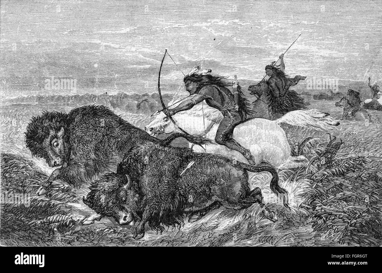 hunt, buffalo, bison hunt in North America, American Indians hunting bisons in of the prairie, wood engraving, 2nd half 19th century, buffalo hunt, weapons, arms, weapon, arm, bow and arrow, American bison, people, hunter, hunters, hunting, USA, United States of America, hunt, hunts, buffalo, buffalos, Native Americans, historic, historical, Additional-Rights-Clearences-Not Available Stock Photo