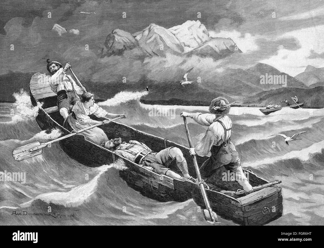 hunt, poachers, on the flight across a lake, wood engraving after drawing by August Dieffenbacher, 1898, Additional-Rights-Clearences-Not Available Stock Photo