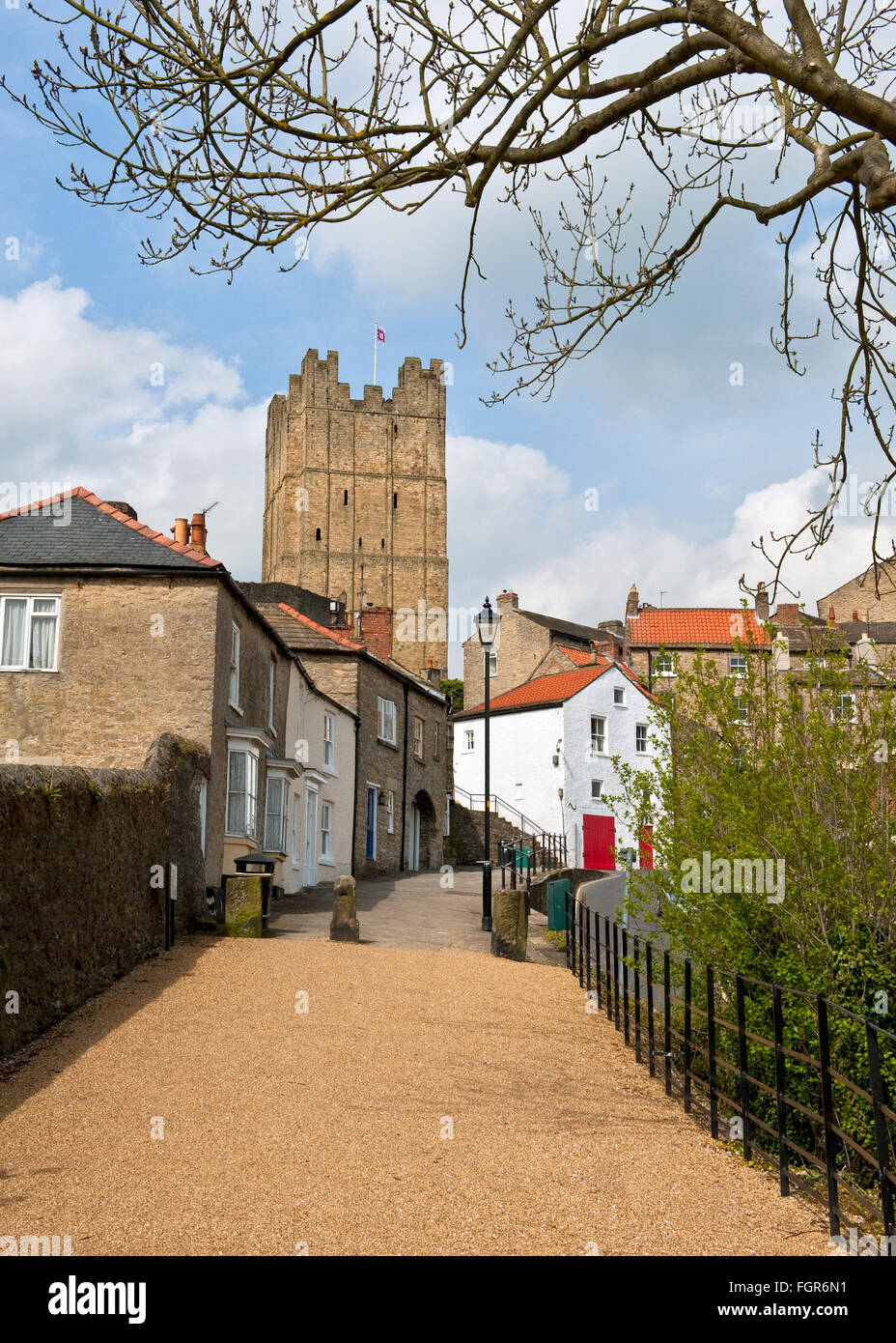 Richmond Castle Keep towering above the surrounding houses in the market town. North Yorkshire, England, UK Stock Photo