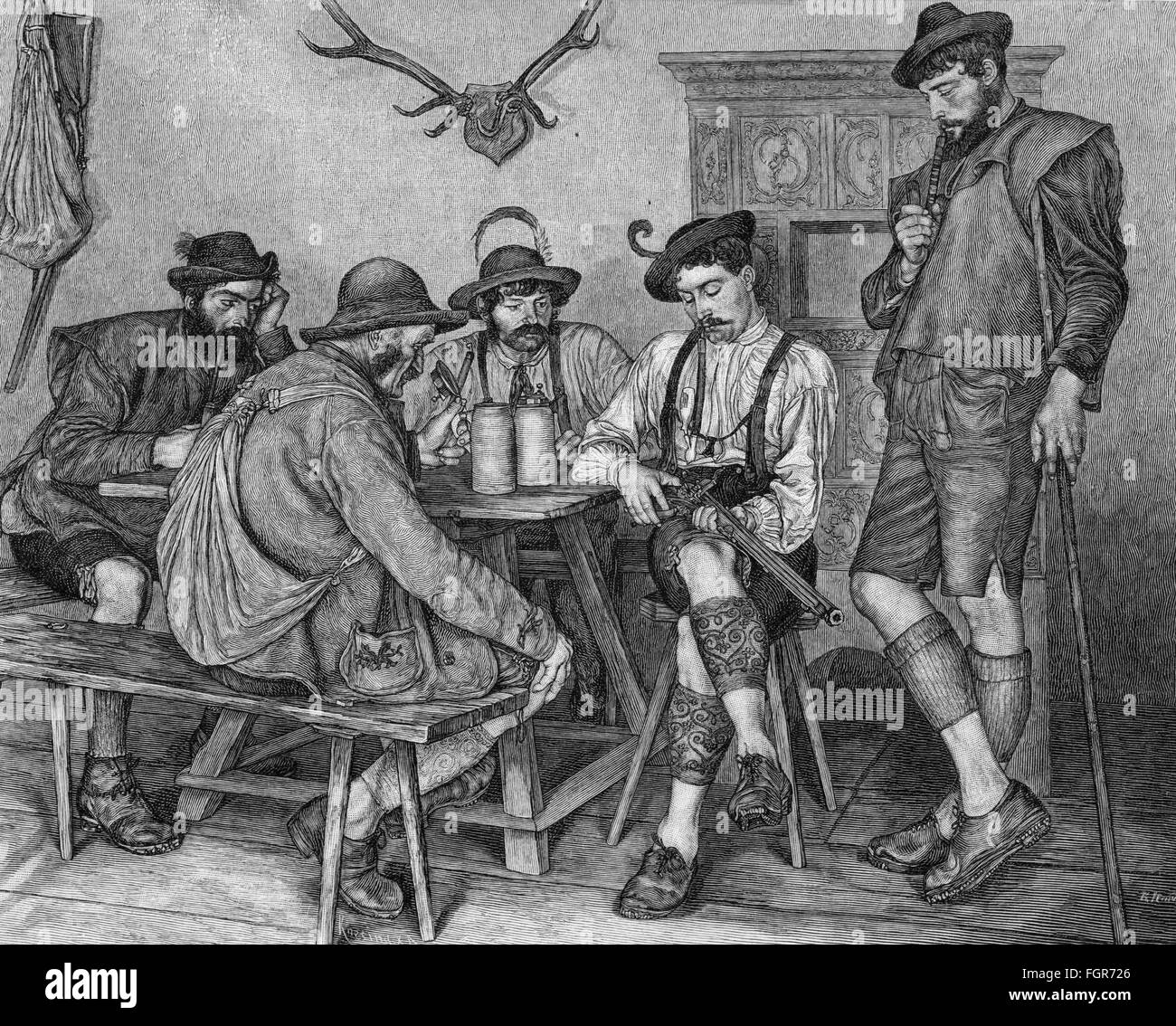 hunt, hunters, "The new Carbine", wood engraving after painting by Karl