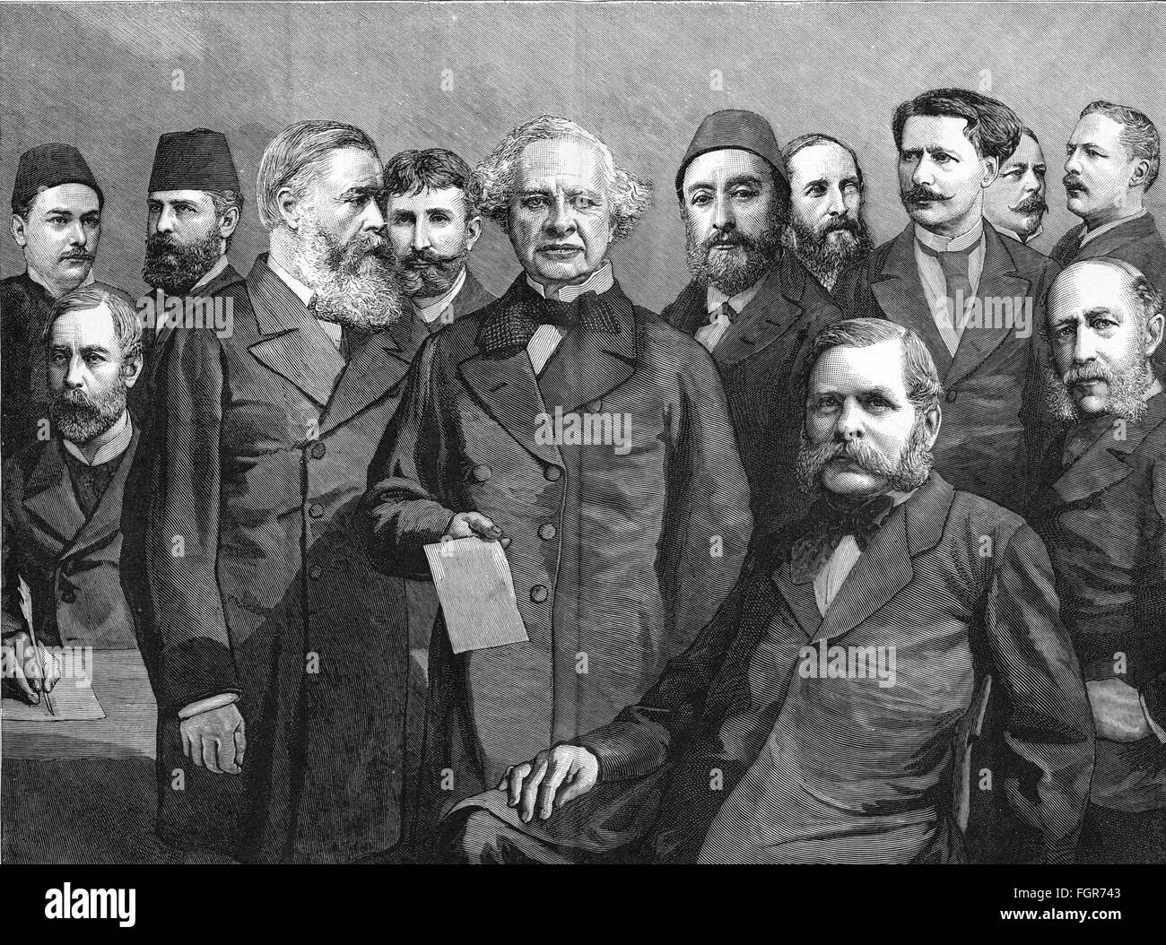 politics, conference, Egyptian conference 1883 / 1884, participant, group picture, wood engraving, from: 'Über Land und Meer', number 47, Stuttgart, 1884, Additional-Rights-Clearences-Not Available Stock Photo