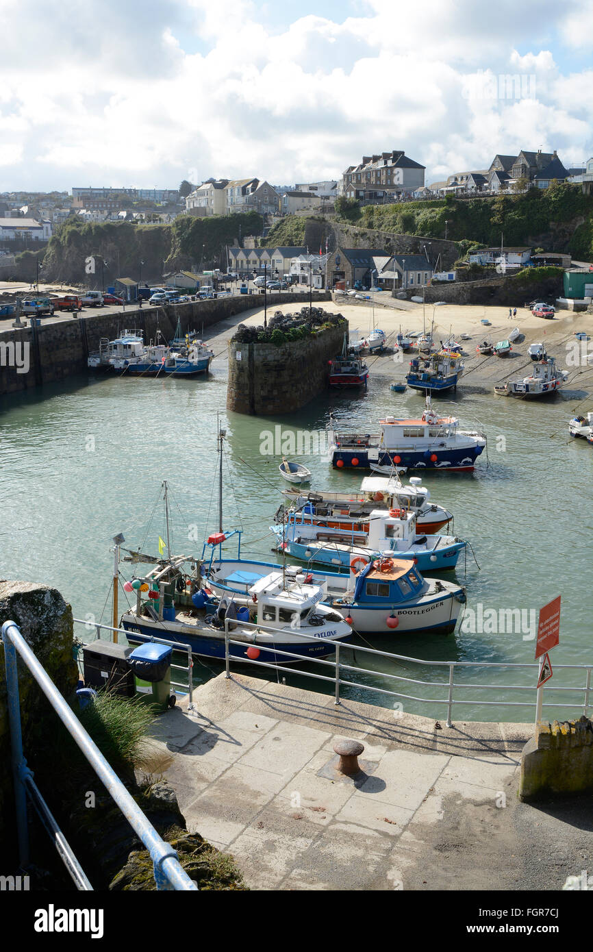 Harbour with moored fishing boats at Newquay in Cornwall, England Stock Photo
