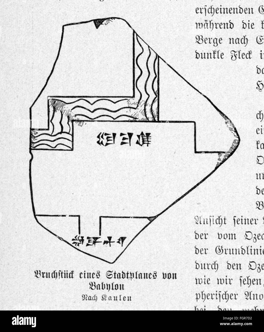 cartography, city map, Babylon, fragment of a city map, 9th century BC, reconstruction after Kaulen, wood engraving, 19th century, prehistory, prehistoric times, Mesopotamia, Asia, script, scripts, river, rivers, segments, floating segment, part, parts, pieces, piece, cartography, map printing, fragment, fragments, city map, street map, city maps, street maps, historic, historical, Additional-Rights-Clearences-Not Available Stock Photo