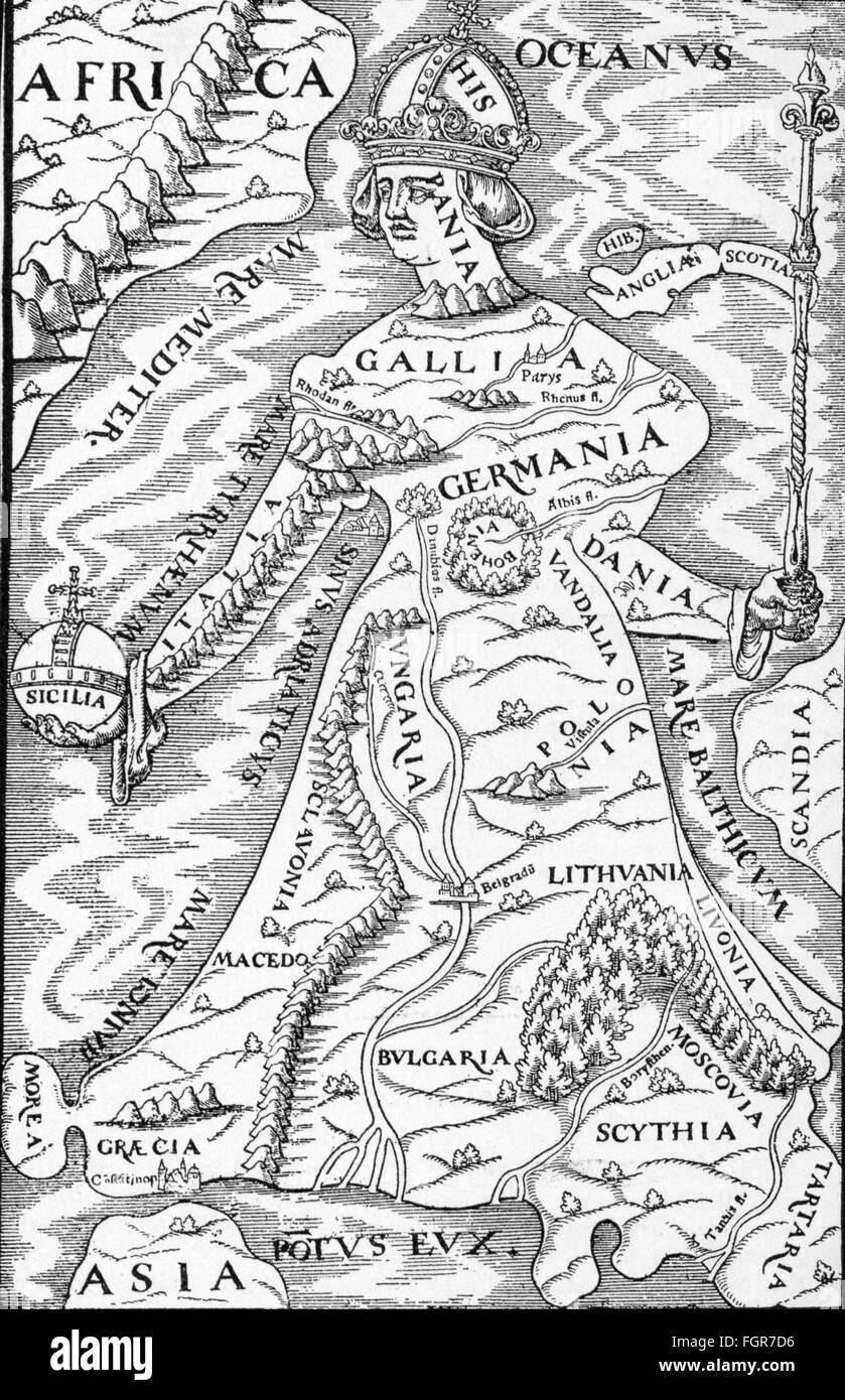 cartography, maps, 'Virgin Europe', woodcut by Wechel, 'Cosmographia' of Sebastian Muenster, 1544, Additional-Rights-Clearences-Not Available Stock Photo