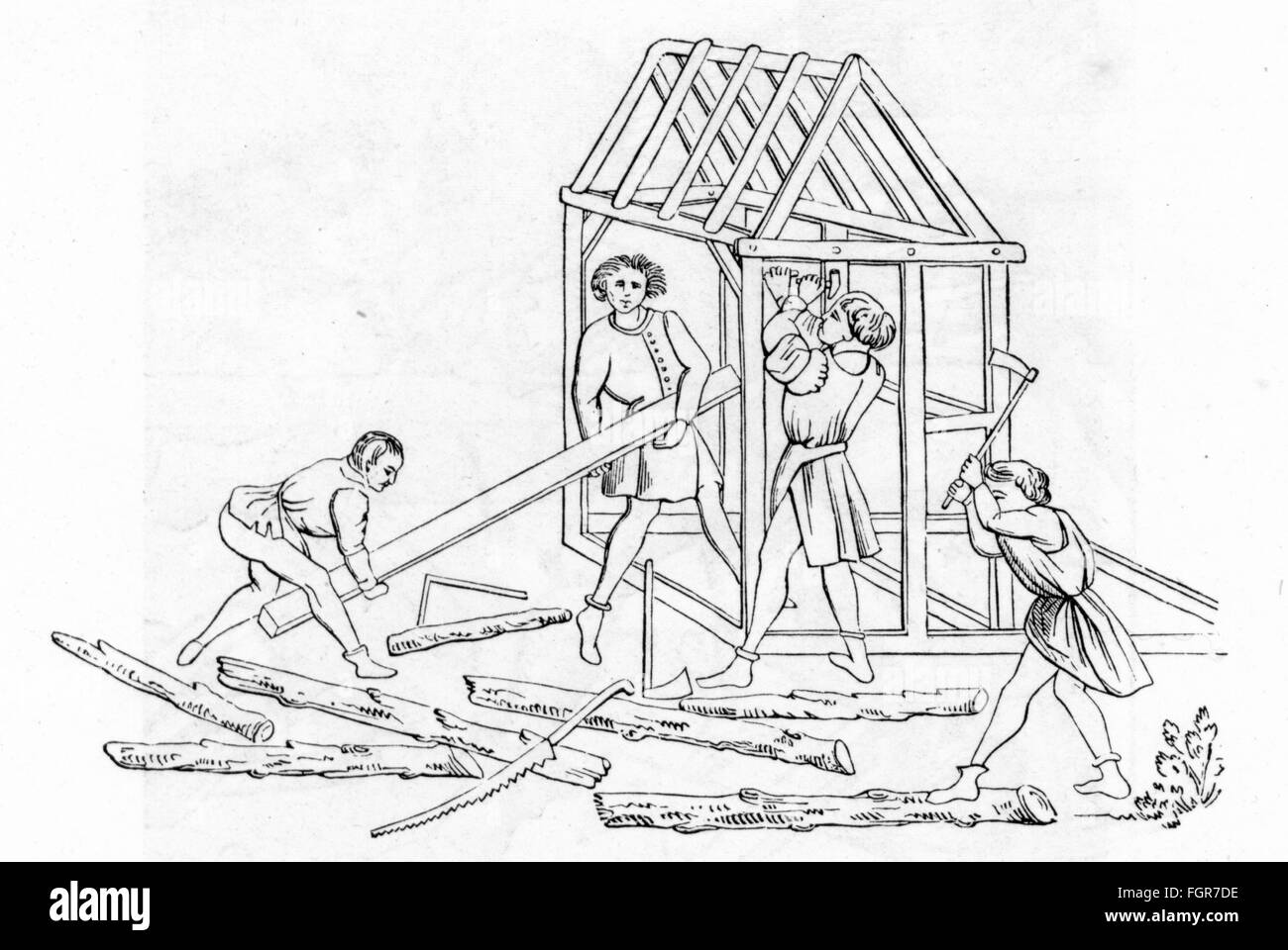 architecture, construction work, carpenter building the frame for a house, 'Chroniques de Hainaut', Burgundy, 1448, wood engraving, 19th century, Artist's Copyright has not to be cleared Stock Photo