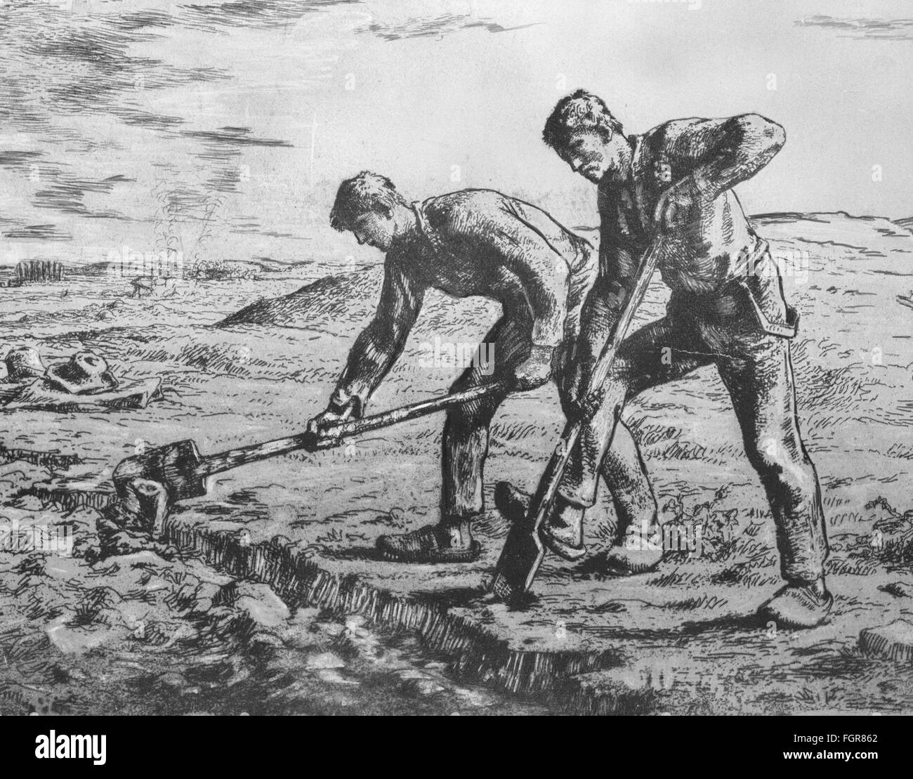 agriculture, farm labour, fields, "Two Men with Spades" after painting by Jean-Francois Millet (1814 - 1875), 1855 / 1856, drawing, 19th century, Additional-Rights-Clearences-Not Available Stock Photo
