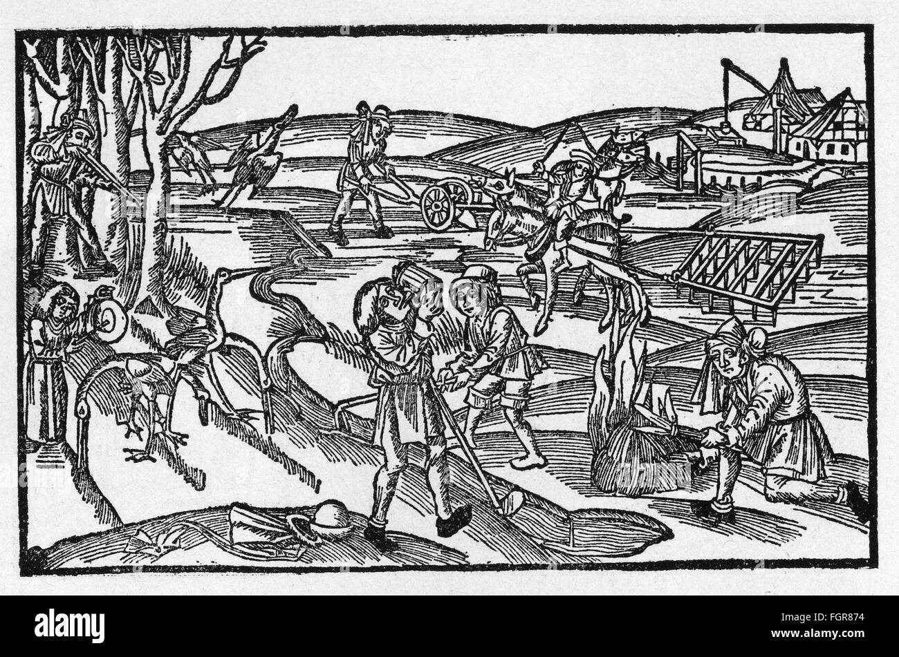 agriculture, people at work, fieldwork, woodcut, from: Publius Vergilius Maro (70 - 19 BC), 'Opera', editor: Sebastian Brant, print: Hans Grüninger, Strasbourg, 1502, Additional-Rights-Clearences-Not Available Stock Photo