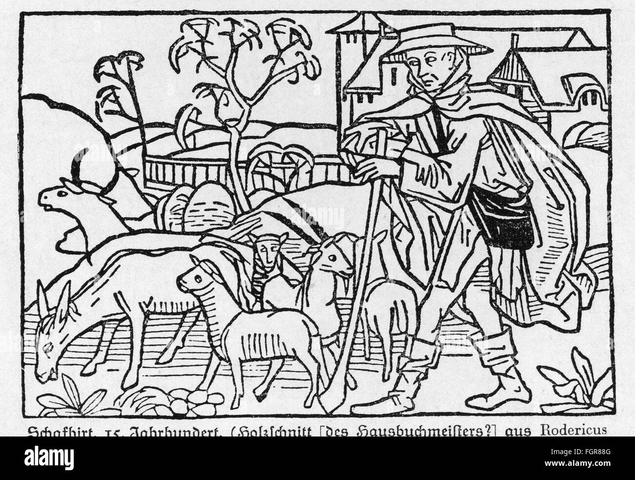 agriculture, stock farming, sheep, shepherd, 15th century, after woodcut, from: Rodericus Zamorensis, 'Speculum Vitae Humanae', Augsburg, 1475, wood engraving, 19th century, Additional-Rights-Clearences-Not Available Stock Photo