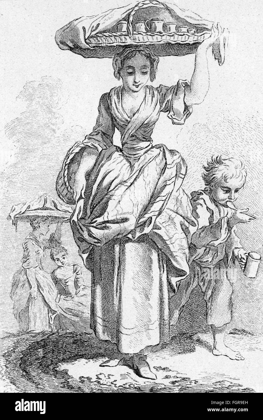 trade, merchant, cream seller, 'A la Creme', copper engraving by Ravenel after Francois Boucher, 'Les Cris de Paris', 1737, Artist's Copyright has not to be cleared Stock Photo