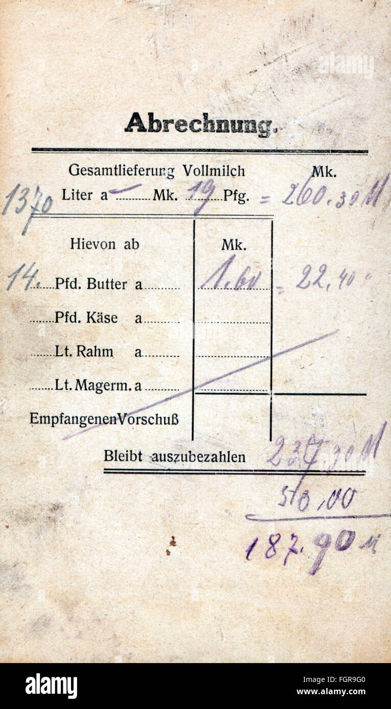 food, milk, Milk Delivery Card, dairy cooperative Bernbeuren II, May 1925, Additional-Rights-Clearences-Not Available Stock Photo