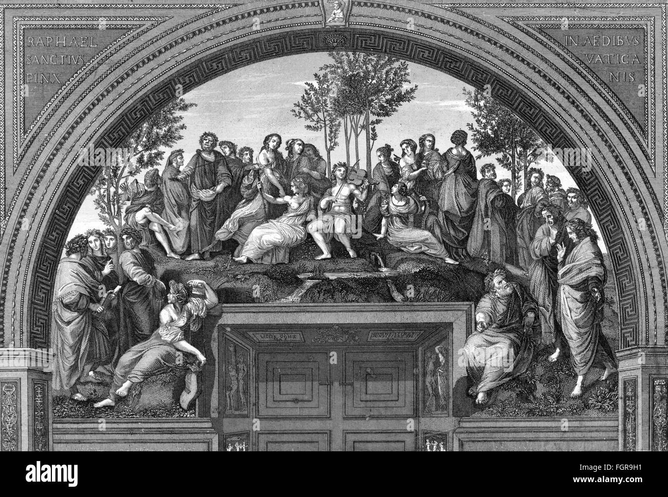 literature, allegories, 'Mount Parnassus', after painting by Raphael (1483 - 1520), wood engraving by A.C.Payne, 19th century, Additional-Rights-Clearences-Not Available Stock Photo