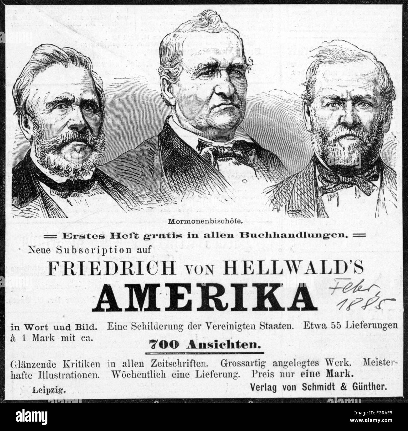 advertising, publishing houses, advertisement by Schmidt & Günther for the subscription of 'Amerika in Wort und Bild' by Friedrich von Hellwald, February 1885, Additional-Rights-Clearences-Not Available Stock Photo