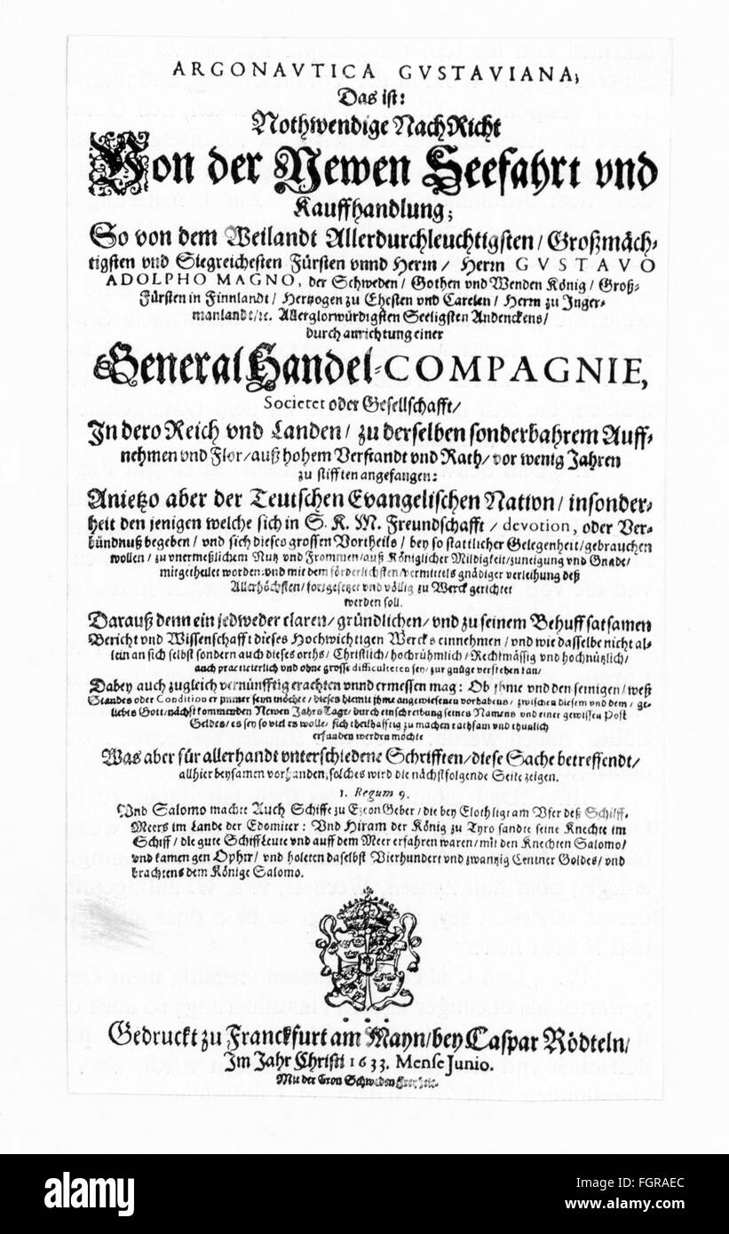 people, emigrants 'Argonautica Gustaviana', pamphlet, print: Caspar Rödteln, Frankfurt, June 1633, Additional-Rights-Clearences-Not Available Stock Photo
