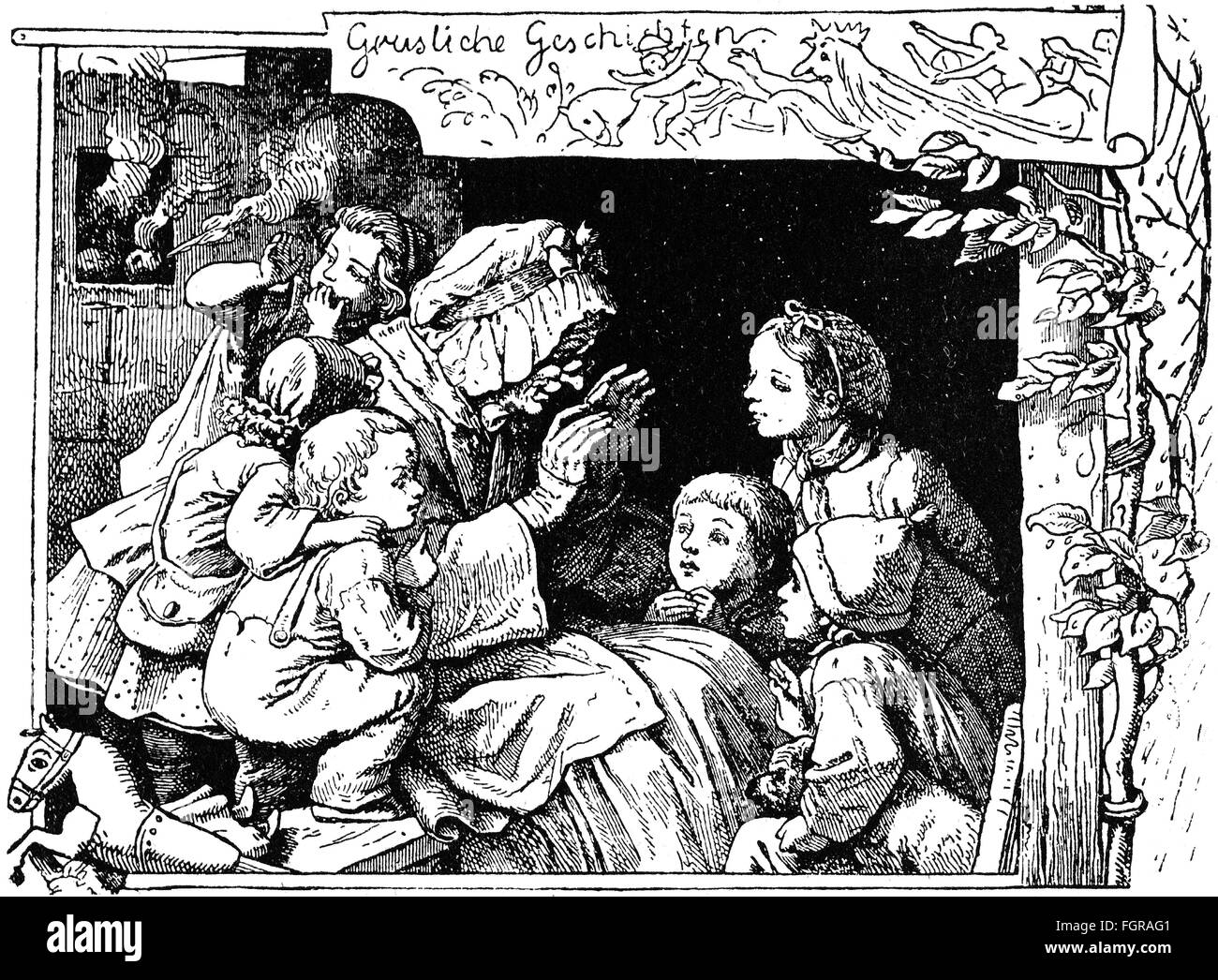 literature,fairy tales,storyteller,after drawing by Ludwig Richter(1803 - 1884),wood engraving,19th century,19th century,graphic,graphics,half length,sitting,sit,storyteller,storytellers,narrator,teller,narrators,tellers,telling,tell,tells,narrate,narrating,audience,audiences,listening,listen,intimate,guardian angel,ornament,ornaments,childhood,infancy,fairy tales for children,fairytale,fairy-tale,fairy story,fairytales,fairy-tales,fairy stories,wood engraving,wood engravings,historic,historical,woman,women,female,,Additional-Rights-Clearences-Not Available Stock Photo