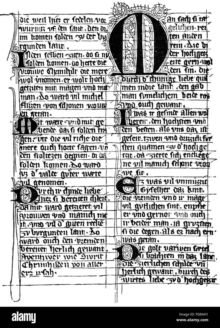 literature, The Nibelungen (Nibelung), manuscript D, early 14th century, Bavarian State Library, Munich, 14th century, Middle Ages, medieval, mediaeval, Germany, literature, lyric poetry, lyrics, The Song of the Nibelungs, mythology, myth, myths, legend, saga, legends, sagas, epic poem, epos, epopee, national epic, heroic epic, heroic epics, graphic, graphics, ornament, ornaments, initial, initials, script, scripts, manuscript, handwriting, handwritings, Middle High German, verse, verses, historic, historical, Additional-Rights-Clearences-Not Available Stock Photo