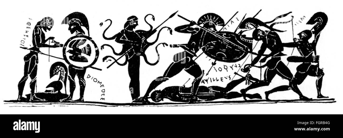 literature, ancient world, Greek mythology, Iliad, fight circa the dead body of Achilles, after black-figured vase painting, 7th - 5th century BC, Trojan war, legend, saga, legends, sagas, hero, heroes, warrior, warriors, men, man, people, war, wars, battle, battles, hoplite, weapons, arms, weapon, arm, fine arts, art, Greece, ancient world, ancient times, Greek, Grecian, fight, fights, dead body, dead bodies, corpse, corpses, historic, historical, ancient world, male, Additional-Rights-Clearences-Not Available Stock Photo
