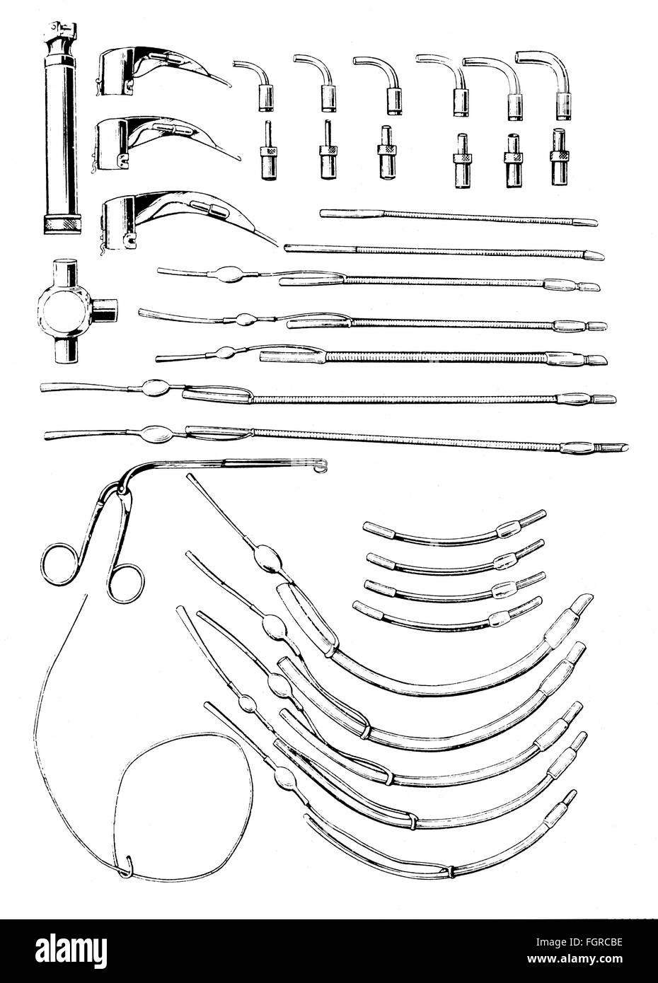 medicine, instruments / equipment, different surgical instruments, drawing, 20th century, 20th century, graphic, graphics, operation, undergo surgery, need surgery, surgery, laryngoscope, intubation tube, intubation, inserting a tube, lens tube, forceps, breathing valve, clipping, cut out, cut-out, cut-outs, object, objects, stills, medicine, medicines, devices, device, instrument, instruments, historic, historical, Additional-Rights-Clearences-Not Available Stock Photo
