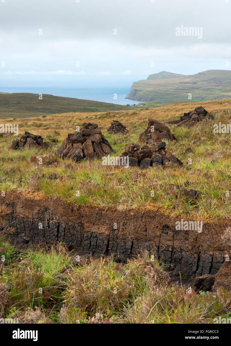 Peat cutting in moorland on the Duirinish peninsula, Isle of Skye, Scotland Stock Photo