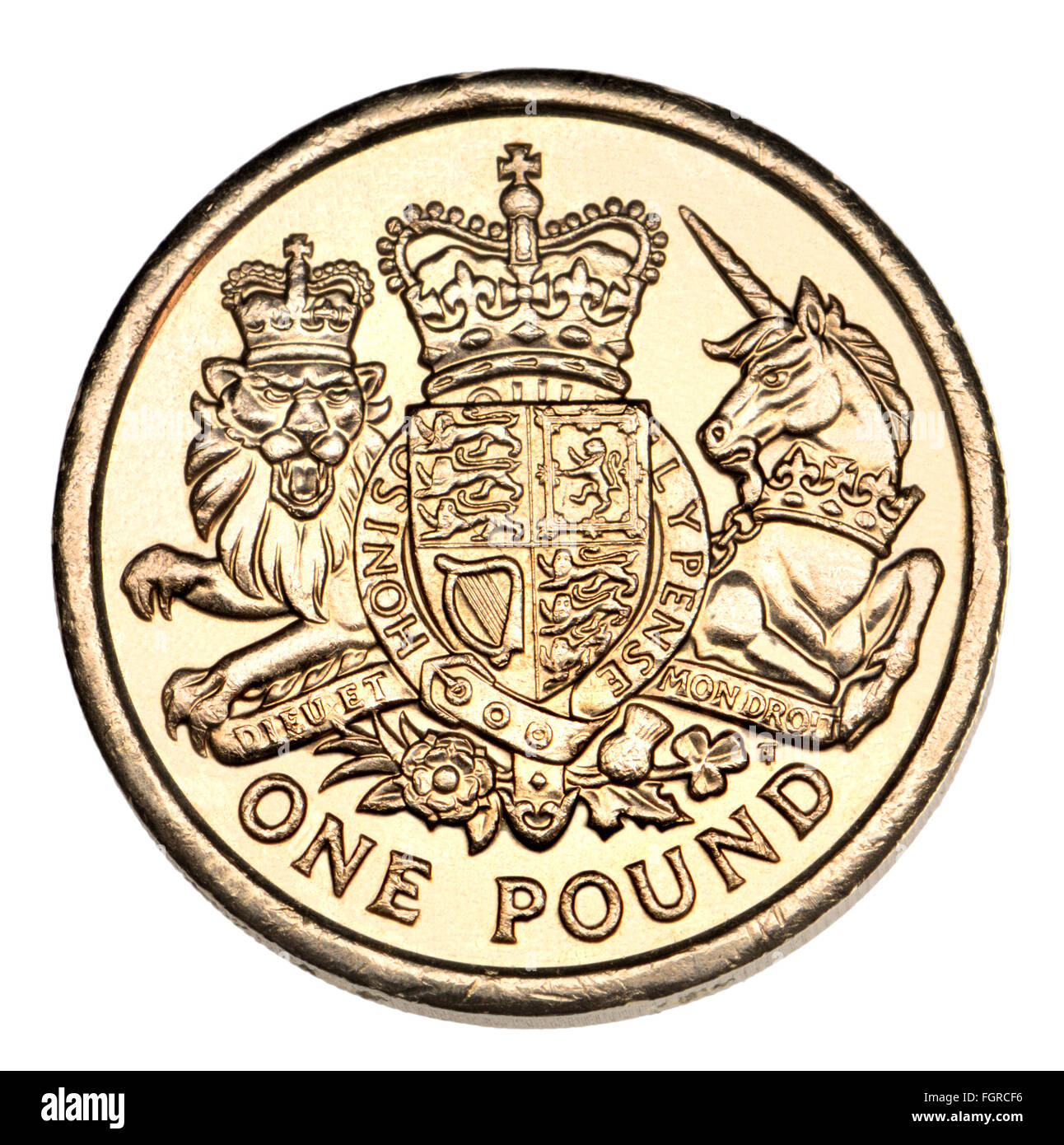 Reverse of 2015 British £1 pound coin showing the Royal Coat of Arms of the United Kingdom with Lion and Unicorn Stock Photo