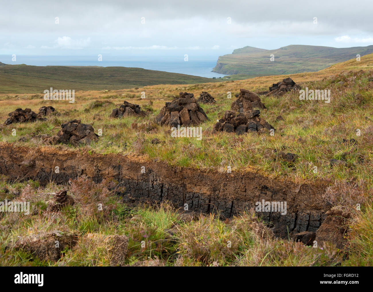 Peat cutting in moorland on the Duirinish peninsula, Isle of Skye, Scotland Stock Photo