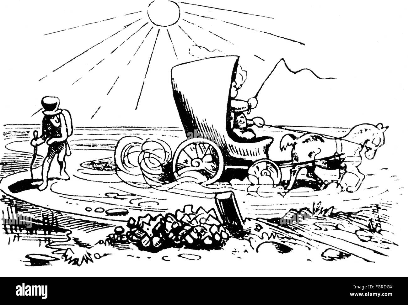 medicine, diseases, gout, 'Die Sonne brennt, der Staub, der weht, Der Dicke fährt, der Dünne geht' (Sun is burning, dust is blowing, chubby is driving, slim is going), drawing by Wilhelm Busch (1832 - 1908), from the picture story 'Der neidische Handwersbursch' (The Envious Journeyman), out of: 'Fliegende Blaetter', Munich, 1866, Artist's Copyright has not to be cleared Stock Photo