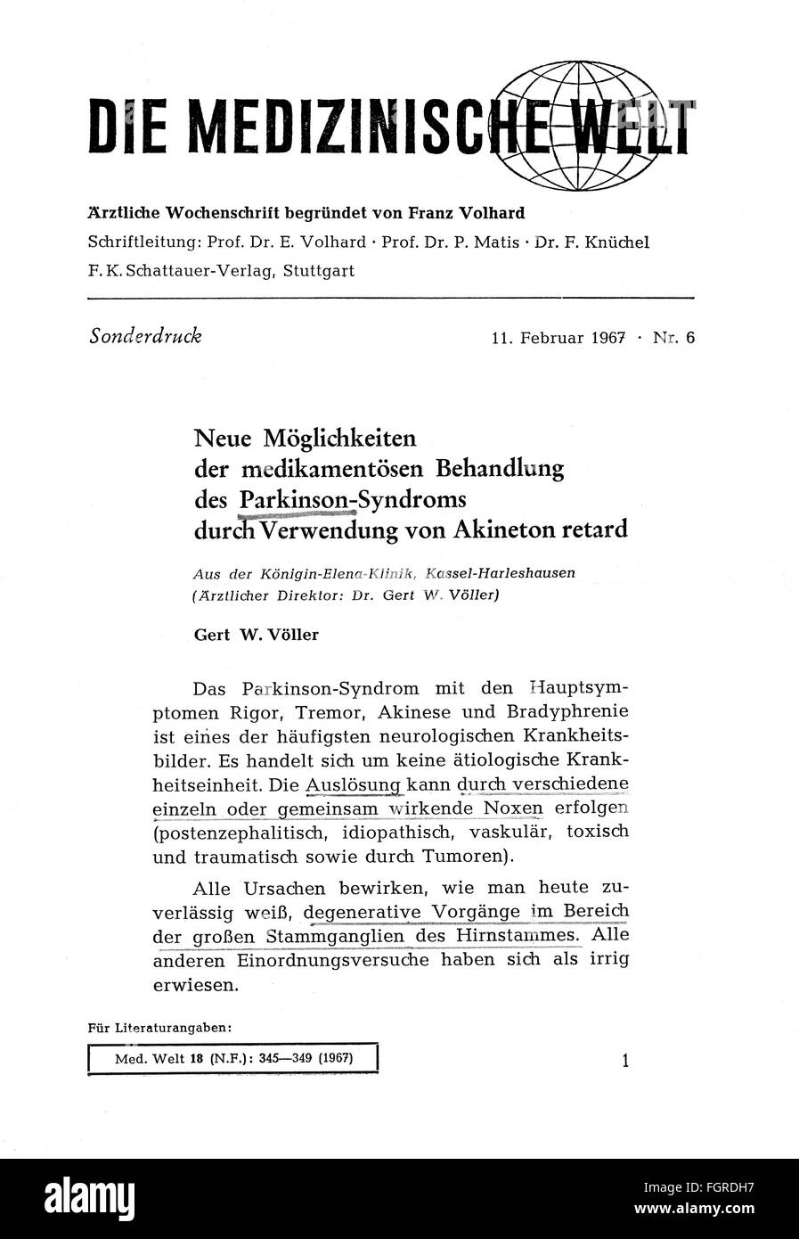 press / media, magazines, 'Die medizinische Welt', special edition, number 6, title page, Stuttgart, 11.2.1967, Additional-Rights-Clearences-Not Available Stock Photo