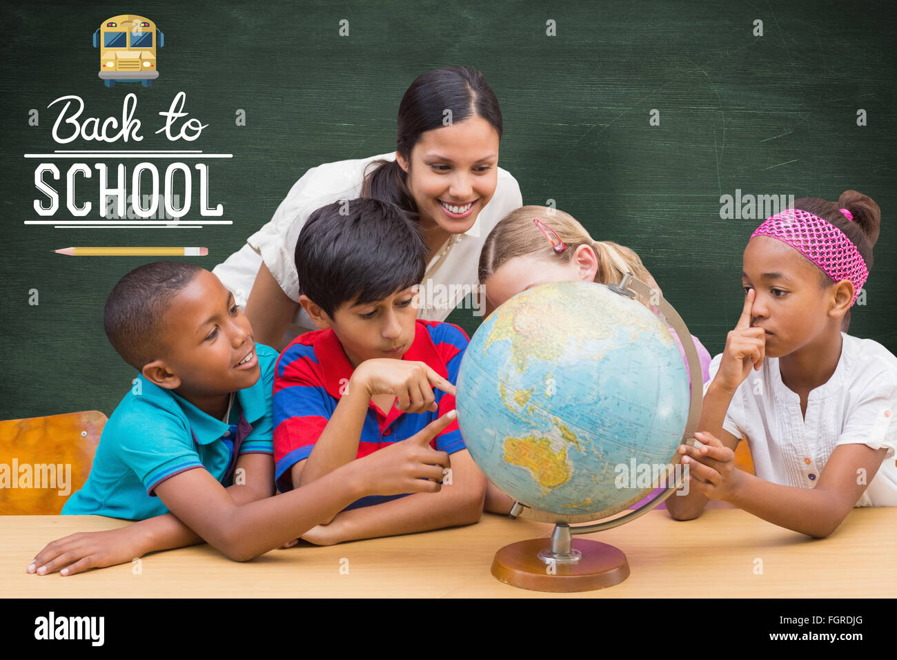 Composite image of cute pupils and teacher looking at globe in library ...