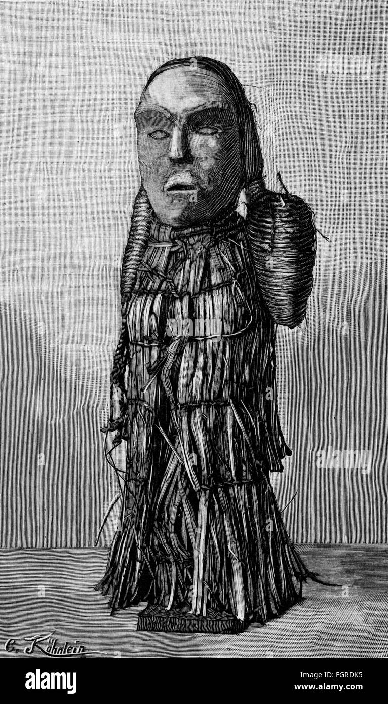 medicine, menstruation, doll with costume for the celebration of the first menstruation of a girl, frontside, wood, Tla-o-qui-aht Indians, Vancouver Island, Royal Ethnological Museum, Berlin, after photograph, wood engraving by C.Köhnlein, 1885, Additional-Rights-Clearences-Not Available Stock Photo