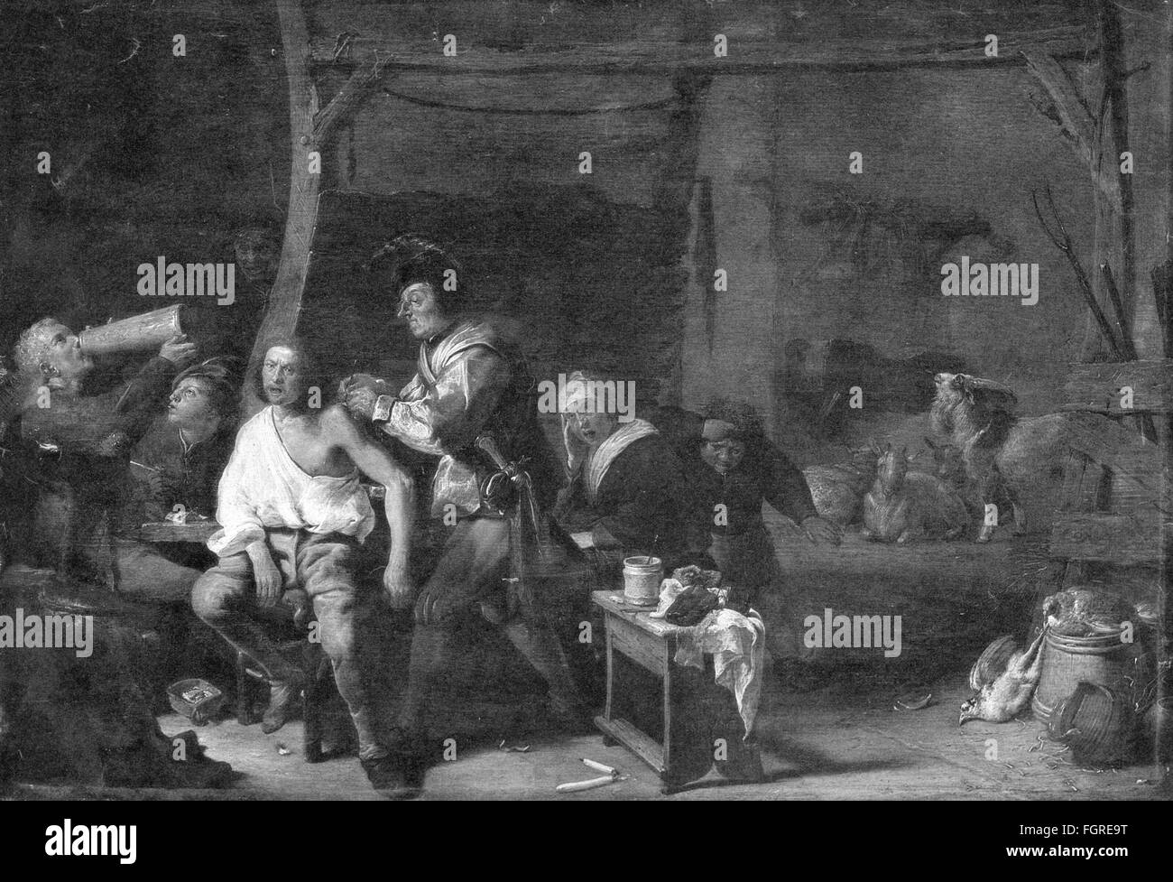 medicine,operation,surgery,surgical intervention,painting by Cornelis Saftleven(circa 1607 - 1681),17th century,picture gallery,Karlsruhe,19th century,fine arts,art,art of painting,genre painting,genre works,genre scenes,baroque,half length,sitting,sit,standing,peasants,peasant,farmer,farmers,drinking,drink,undergo surgery,need surgery,medical doctor,medic,medics,treatment,treatments,ill-treatment,treat,treating,doctoring,cutting,cut,cuts,shoulder,shoulders,knife,knives,pain,cattle,hygienics,doctor,doc,doctors,,Additional-Rights-Clearences-Not Available Stock Photo