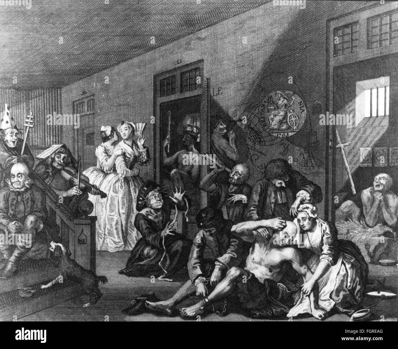 medicine, psychiatry / mental diseases, 'In the Madhouse', copper engraving by Ernst Ludwig Riepenhausen (1762 - 1840), after the series 'A Rake's Progress', sheet 8, 1735 / 1763 by William Hogarth, 1794 - 1835, Artist's Copyright has not to be cleared Stock Photo