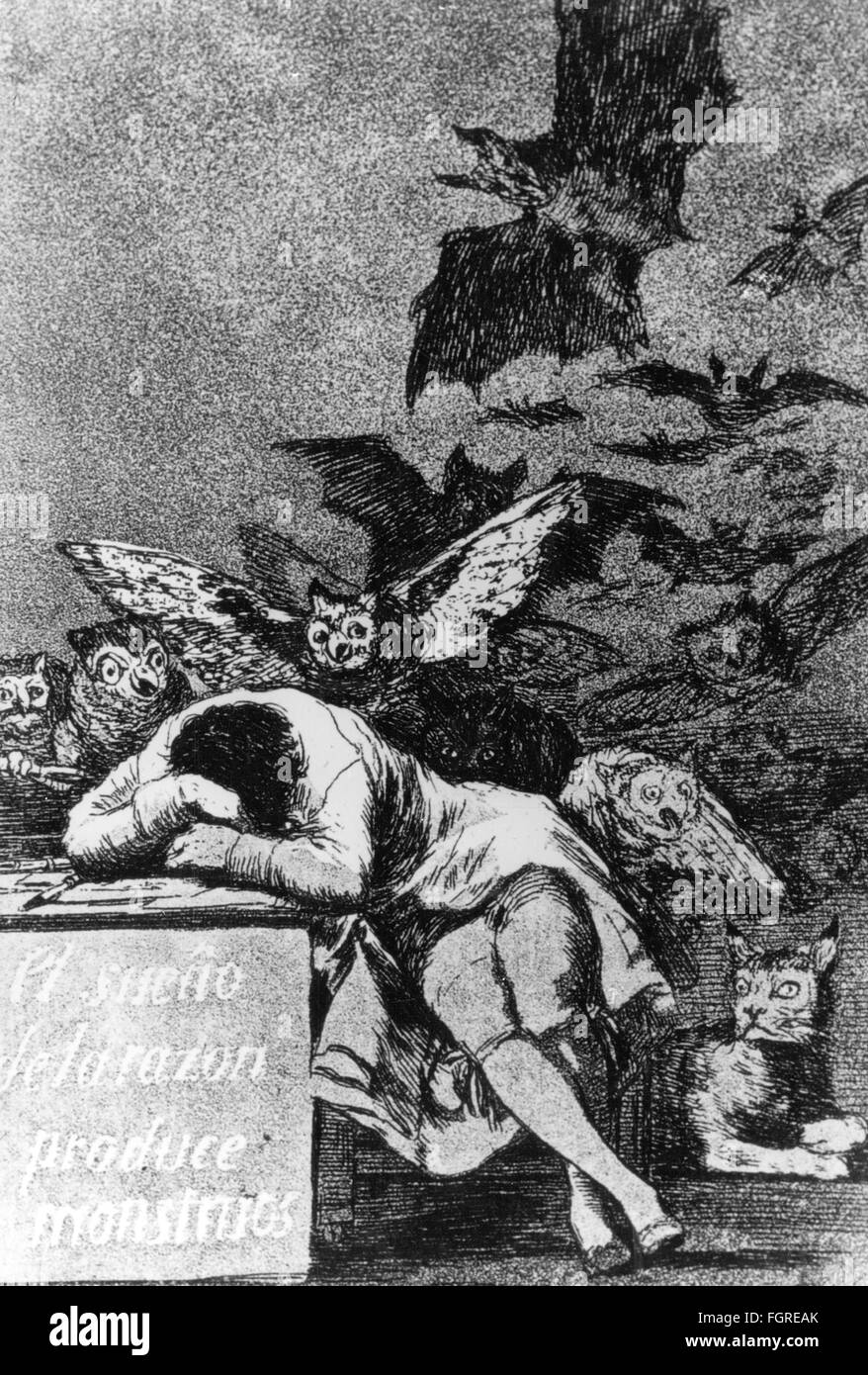 fine arts, Goya, Francisco de (1746 - 1828), graphic, 'El sueno de la razon produce monstres' (The Sleep of Reason Produces Monsters), Capricho number 43, 1797 / 1798, etching, aquatint, 21.3 x 15.1 cm, Museo del Prado, Madrid, Additional-Rights-Clearences-Not Available Stock Photo
