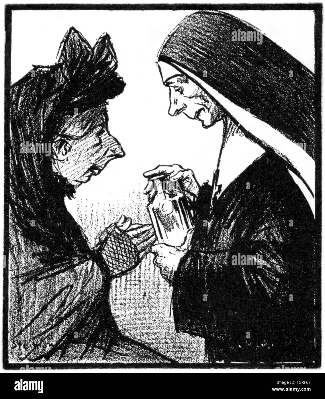 medicine, quacksalver, nun giving widow a bottle with curative water, lithograph by Theophile-Alexandre Steinlen (1859 - 1923), circa 1900, Additional-Rights-Clearences-Not Available Stock Photo