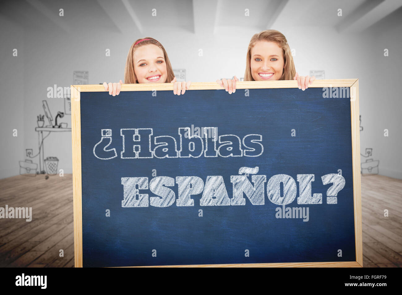 Composite image of close up of young women behind a blank sign Stock Photo