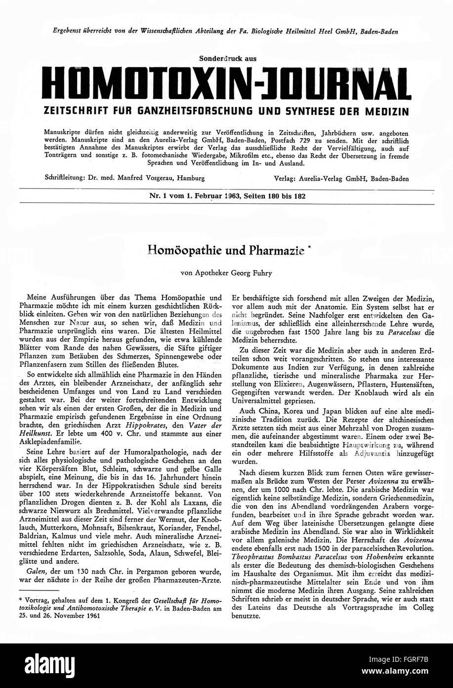 press / media, magazines, 'Homotoxin-Journal', special edition out of number 1, title page, Baden-Baden, 1.2.1963, Additional-Rights-Clearences-Not Available Stock Photo