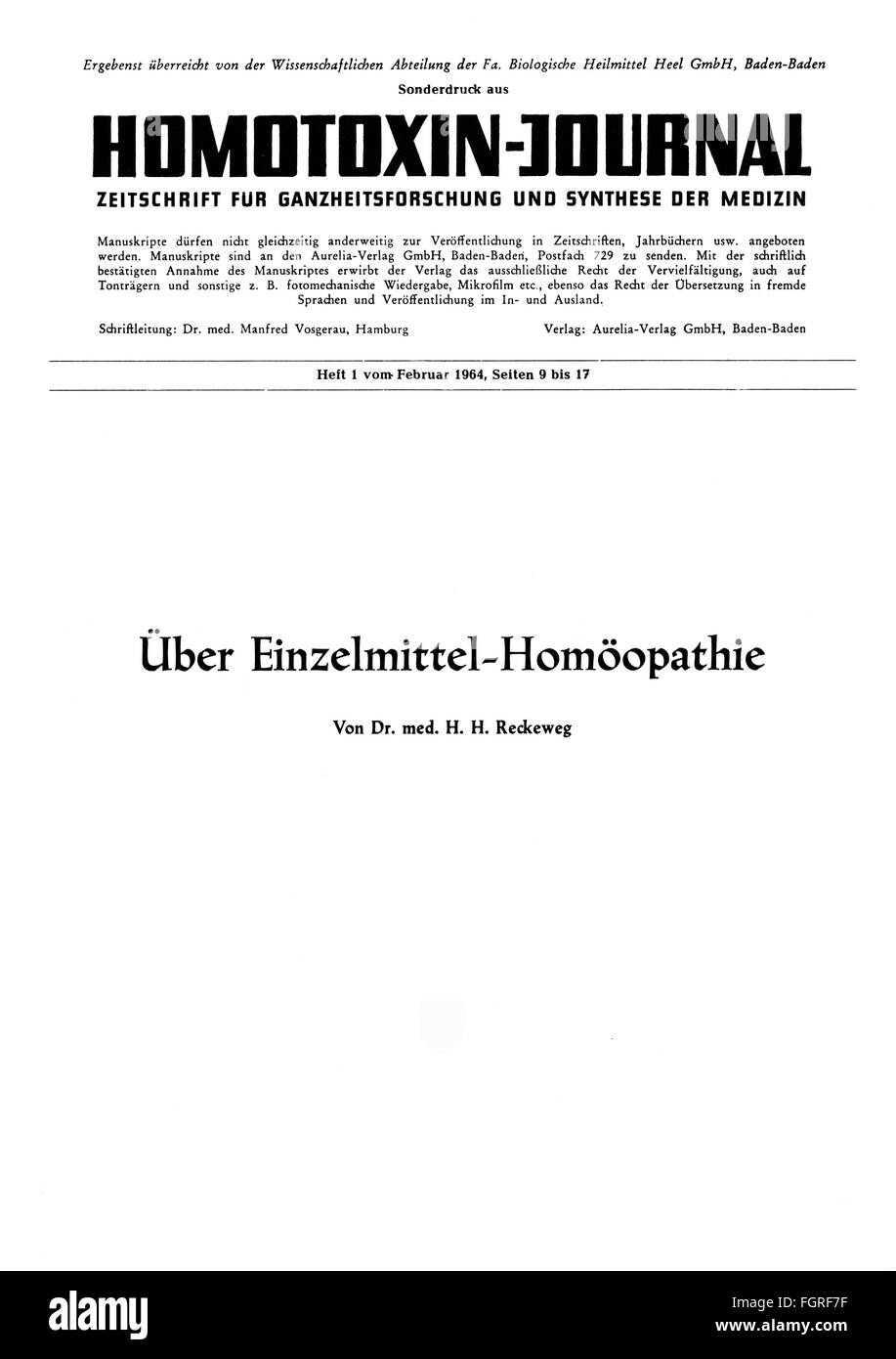 press / media, magazines, 'Homotoxin-Journal', special edition out of issue 1, title page, Baden-Baden, February 1964, Additional-Rights-Clearences-Not Available Stock Photo