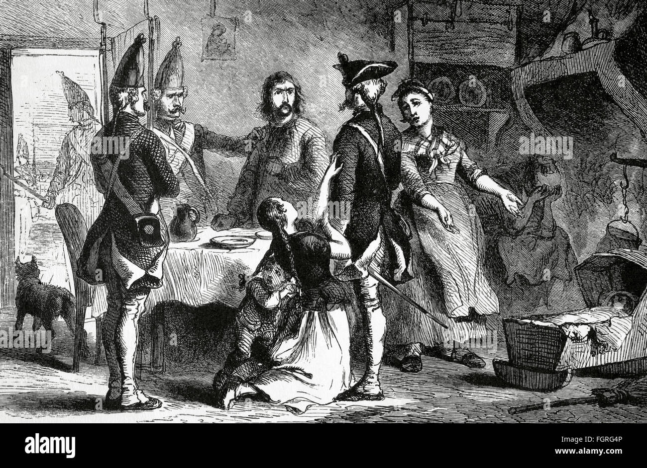American Revolutionary War (1775-1783). Hessian recruited as a soldier by the British military service while his family begs them not to recruit him. They are most widely associated with combat operations in the American War of Independence. Engraving by Darley. 19th century. Stock Photo