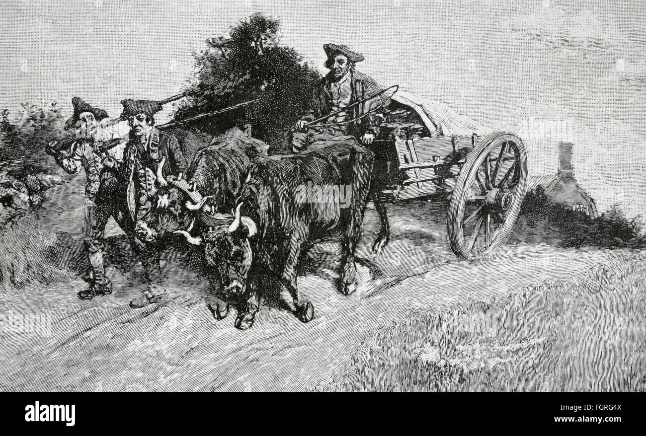 American Revolutionary War (1775-1783). Colonists drive a cart with powder for the Battle of Bunker Hill, 1775. Engraving by Howard Pyle in Harper's Magazine, 1886. Stock Photo