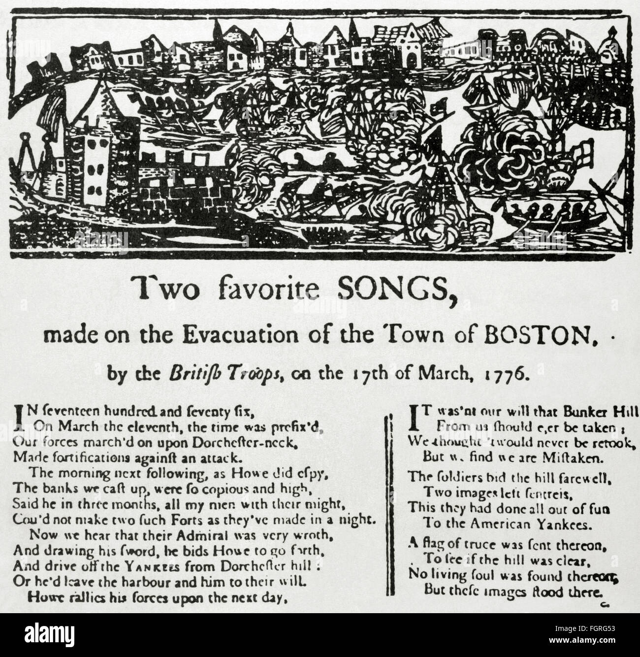 American Revolutionary War (1775-1783). Two favorite songs made on the evacuation of the town of Boston by the British troops on the 17th of March, 1776 after the Siege of Boston Engraving. The American Revolution, 19th century. Stock Photo